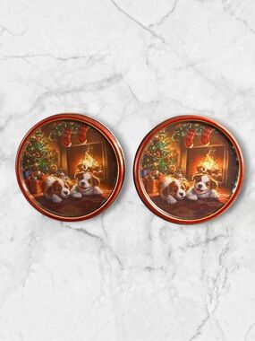 Lot of 2 round metal tins Holiday dog 5 inch